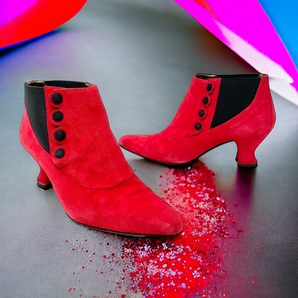 RARE Vintage Peter Fox Red Suede Victorian Ankle Booties Size 8.5
